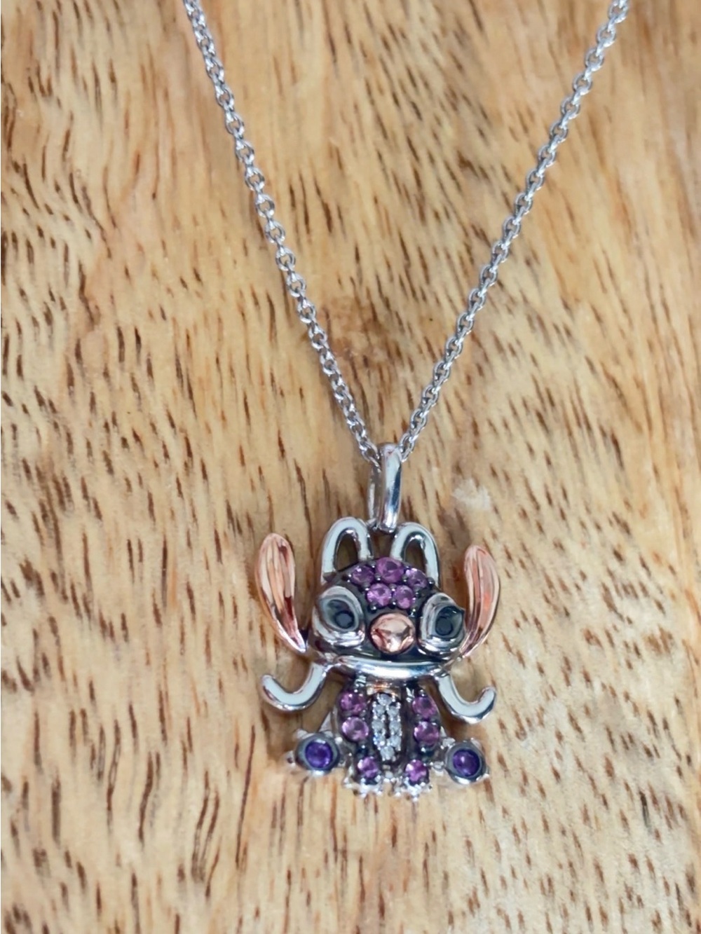 Lilo & Stitch amethyst, Pink Saphiree and Diamond Necklace in sterling silver
